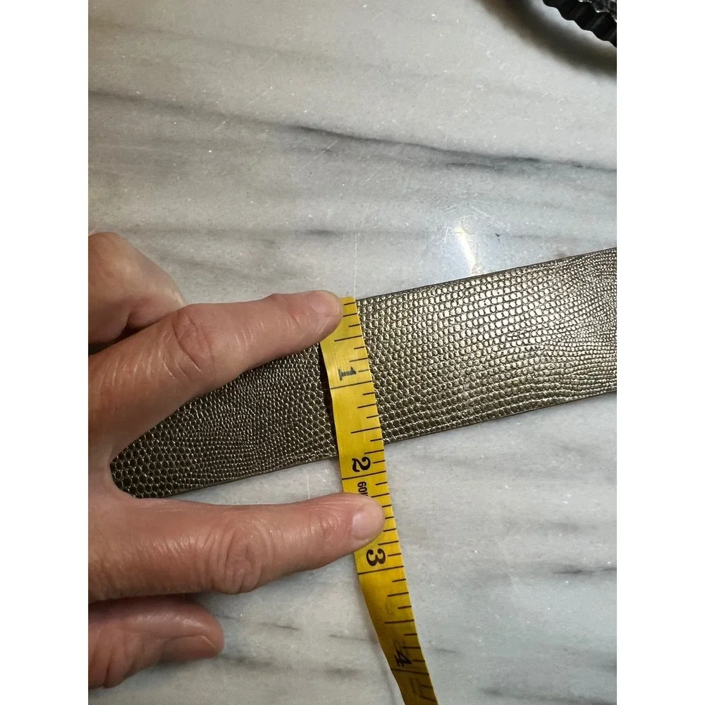 Chicos Metallic Lizard Embossed Leather Belt Silver Sculptural Buckle Large